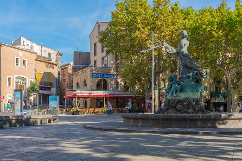 Agde Centre avec de vieux bâtiments et une sculpture dans la fontaine