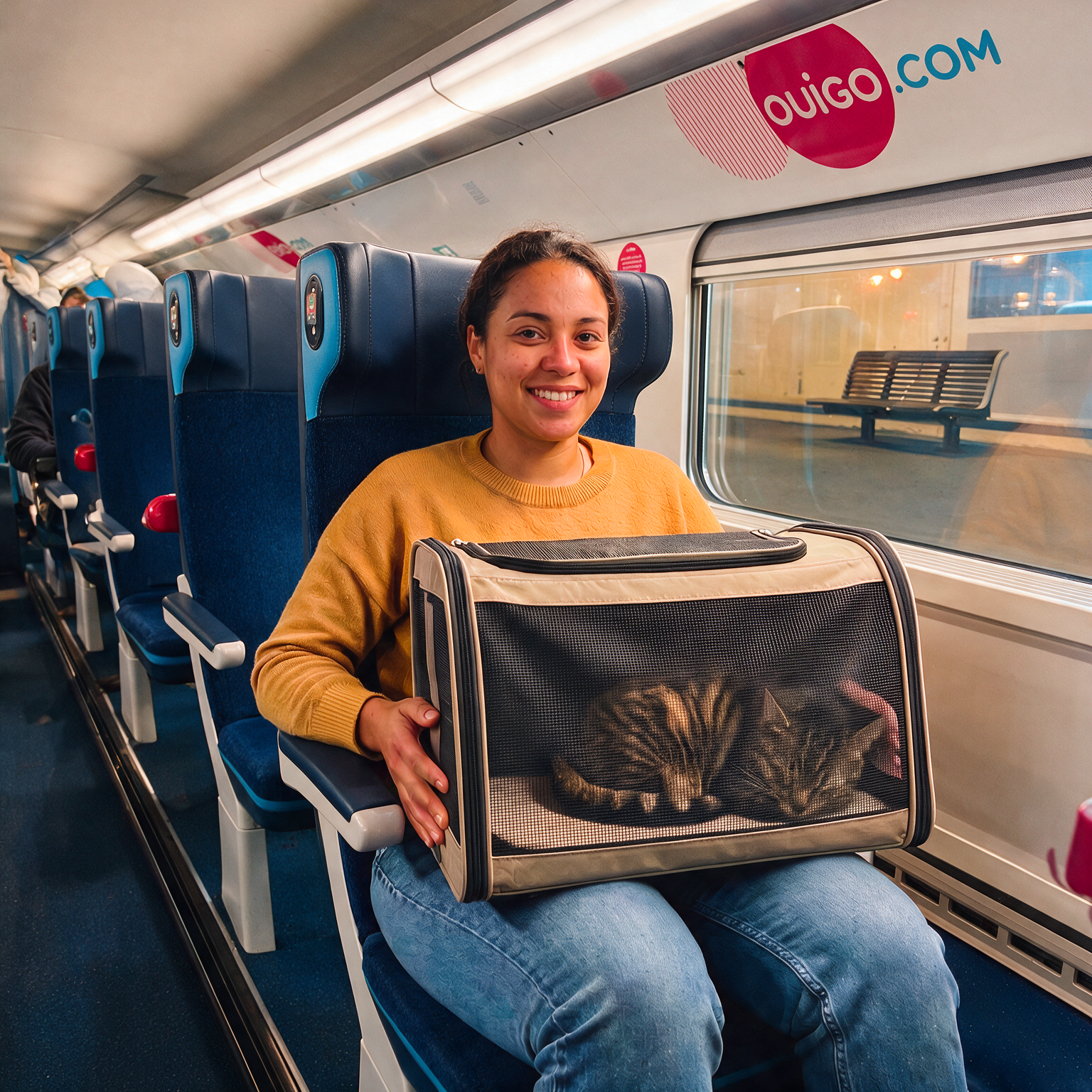 Chat voyageant dans son contenu à bord d'un train OUIGO