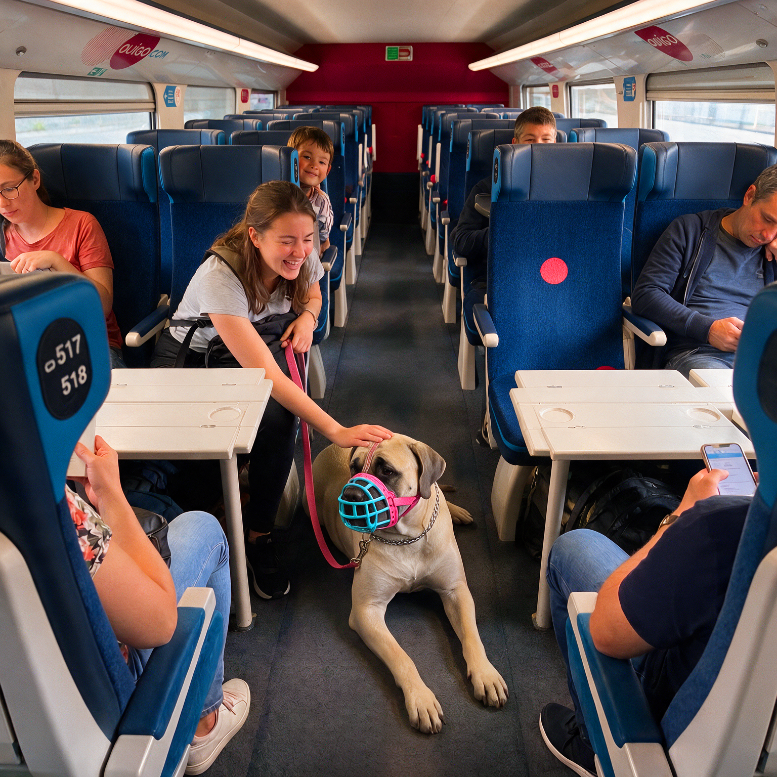 Chien avec muselière dans un train OUIGO